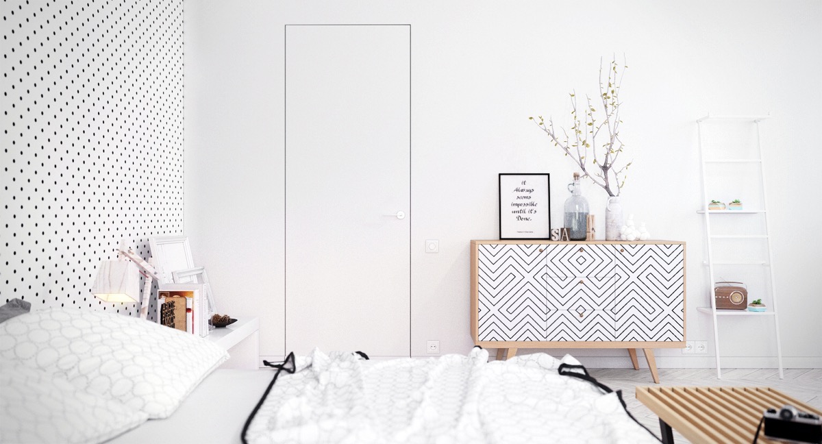 polka-dot-bedroom-matching-monochrome-and-wood-cabinet